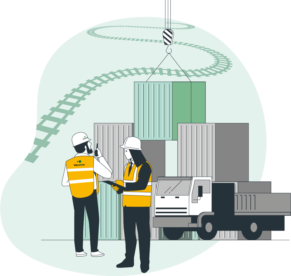 Illustration på två personer i skyddskläder som ser över ett lyft av en container.